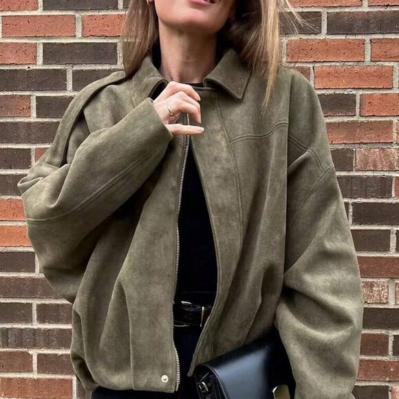 Army Green Casual Women's Loose Long Sleeves Zip up Bomber Coat Jacket - Picture 2 of 6